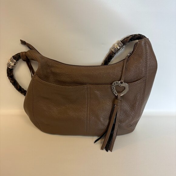 BRIGHTON Barbados Brown Pebbled Leather Hobo Shoulder Bag With Braided Handle - Picture 1 of 8